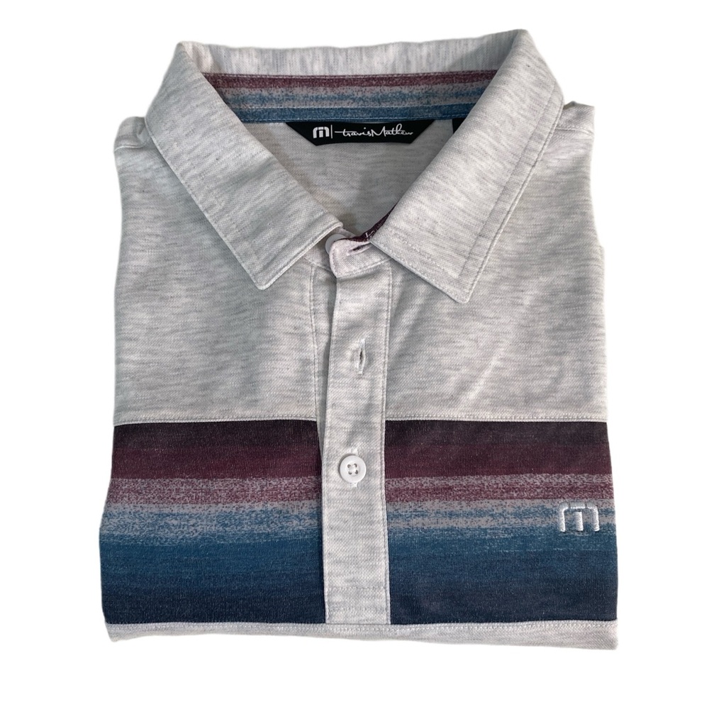 TRAVIS MATHEW‎ Pima Cotton Blend Gray Heather Burgundy Striped Polo Golf Shirt L